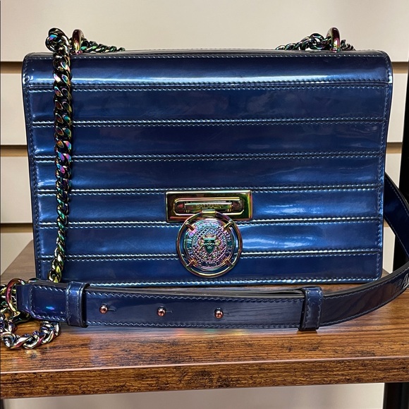 Balmain Metallic Blue Shoulder Bag with Chain Detail - Picture 1 of 5